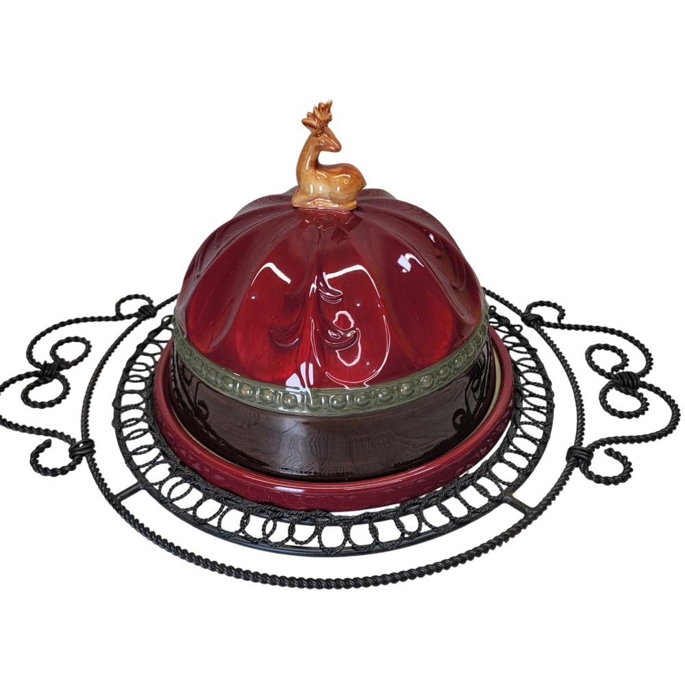 Amscan Cheese Dome Burgundy Peace On Earth Deer Cloche Metal Base Holiday Party